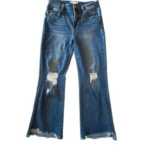 Risen High Rise Raw Frayed Hem Distressed Cropped Flare Denim Jeans Blue Sz 9/29